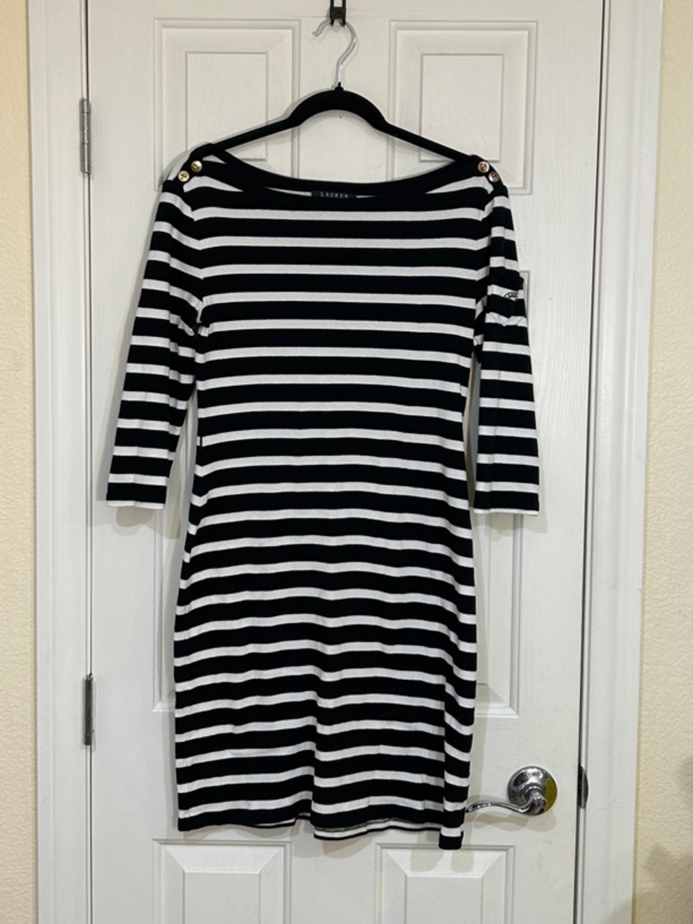 Ralph Lauren Boat Neckline Black and White Striped Cotton Knit Dress Medium - Picture 2 of 8